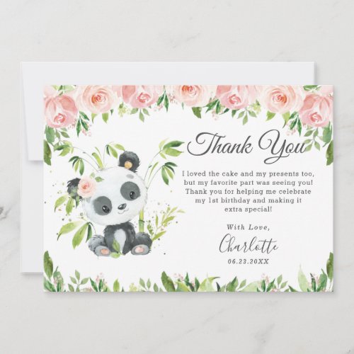 Cute Panda Pink Floral Greenery Birthday Party  Thank You Card
