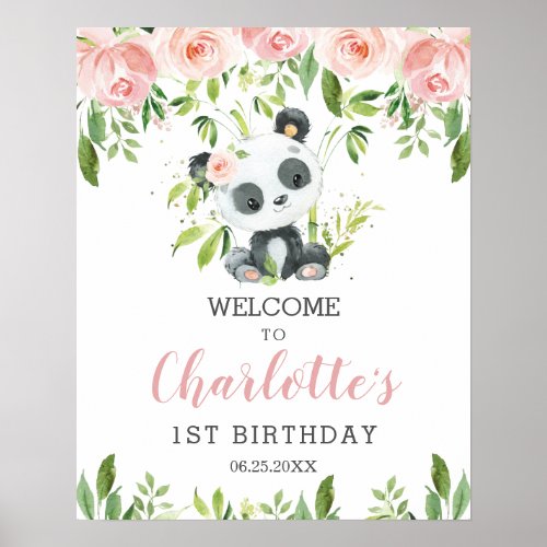 Cute Panda Pink Floral Greenery Birthday Welcome  Poster