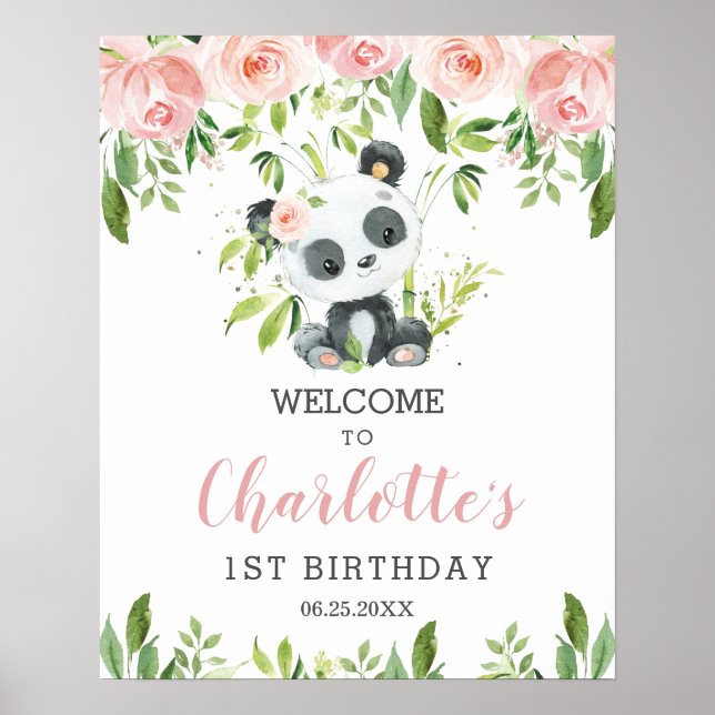 Cute Panda Pink Floral Greenery Birthday Welcome  Poster (Front)
