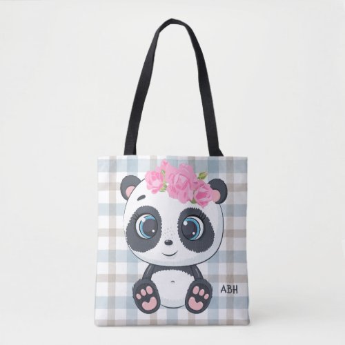 Cute Panda Pink Floral Monogram Tote Bag