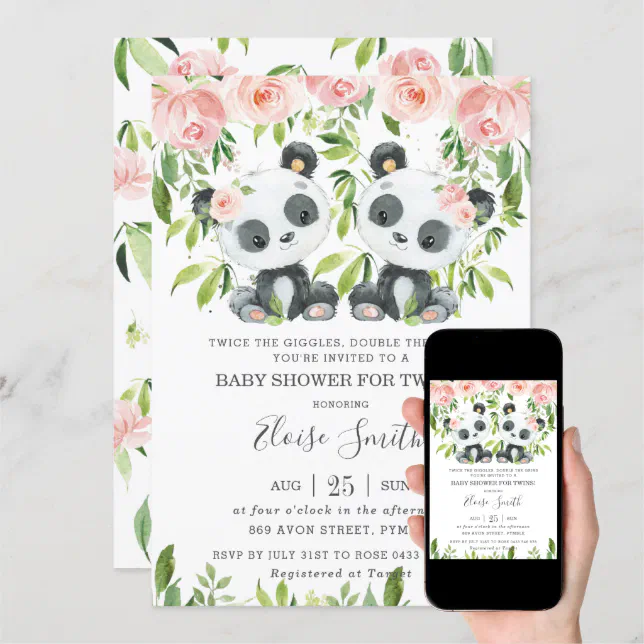 Cute Panda Pink Floral Twin Girls Baby Shower Invitation | Zazzle