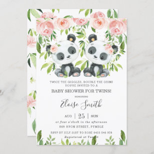 Cute Panda Pink Floral Twin Girls Baby Shower  Invitation