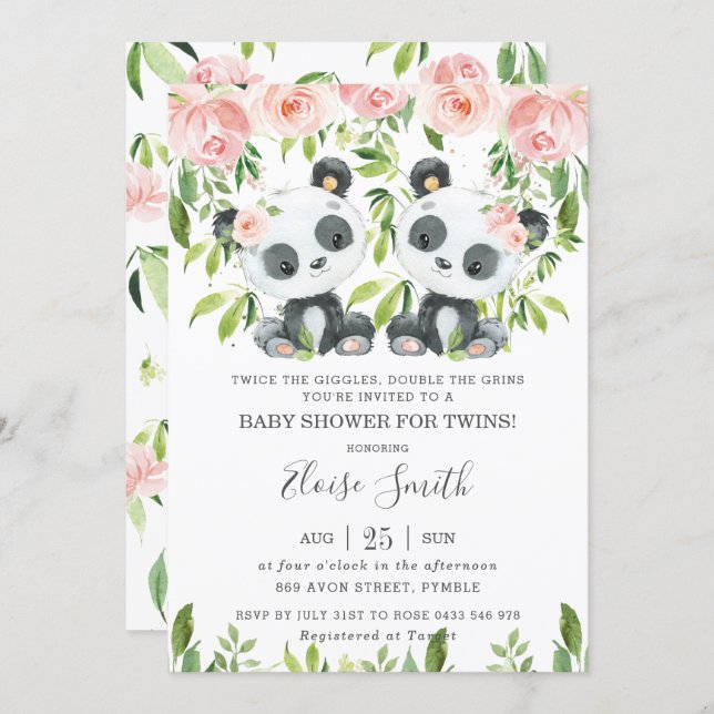 Cute Panda Pink Floral Twin Girls Baby Shower  Invitation (Front/Back)