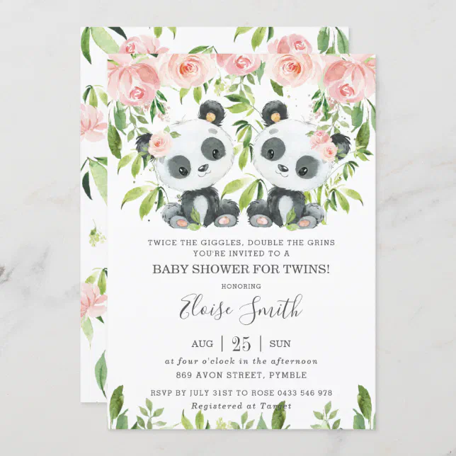 Cute Panda Pink Floral Twin Girls Baby Shower Invitation | Zazzle