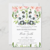 Cute Panda Pink Floral Twin Girls Baby Shower  Invitation (Front)