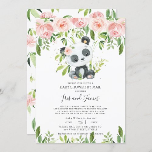 Cute Panda Pink Floral Virtual Baby Shower by Mail Invitation