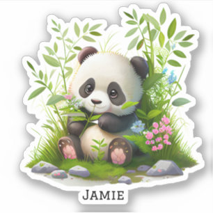 Cute Panda Pink Flowers Bamboo Custom Cut Vinyl Sticker
