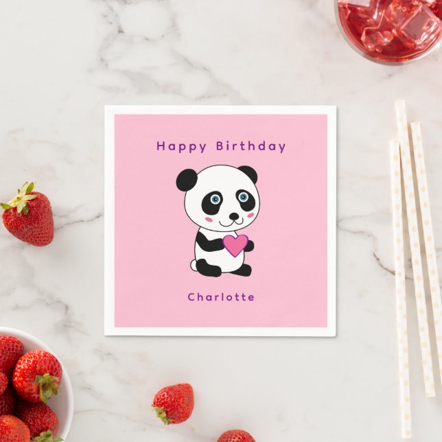 Cute Panda Pink Heart Birthday Personalized Name  Napkins (Insitu)