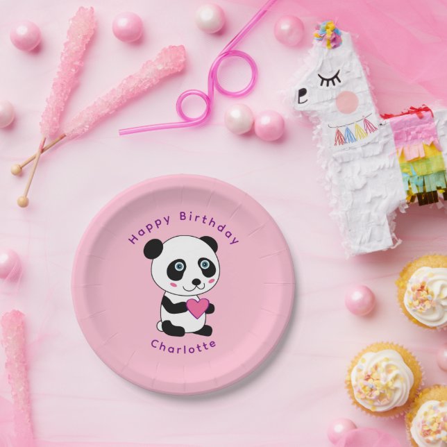 Cute Panda Pink Heart Birthday Personalized Name  Paper Plates (Party)