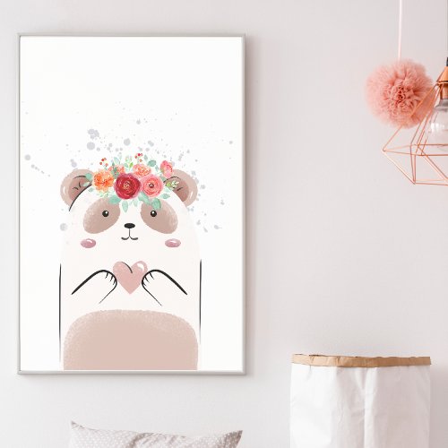 Cute Panda Pink Heart Watercolor Flowers Nursery Poster
