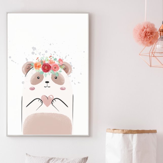 Cute Panda Pink Heart Watercolor Flowers Nursery Poster (Creator Uploaded)