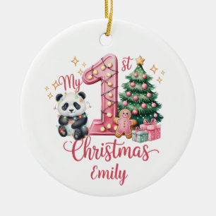 Cute Panda Pink My First Christmas Personalize  Ceramic Ornament