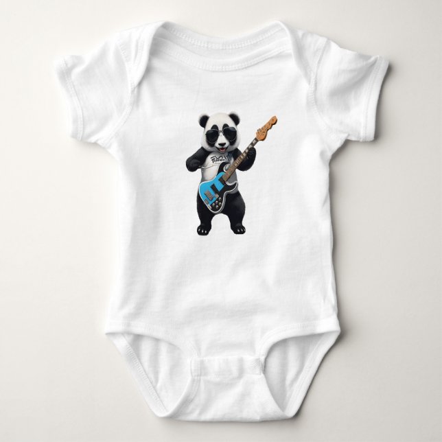 Cute Panda Playing Guitar, Music Panda Lovers Baby Bodysuit (Front)