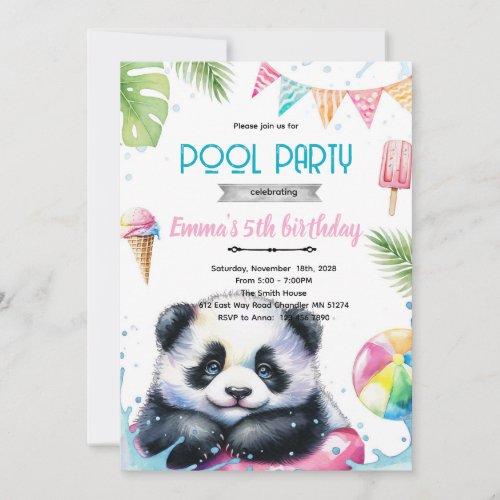 Cute panda pool theme invite