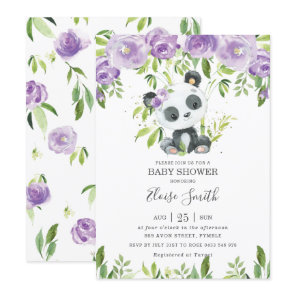 Cute Panda Purple Floral Greenery Baby Shower Girl Invitation