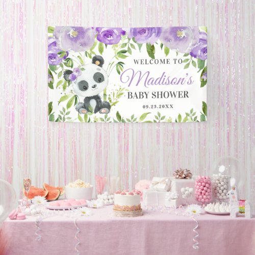 Cute Panda Purple Floral Greenery Bamboo Backdrop  Banner