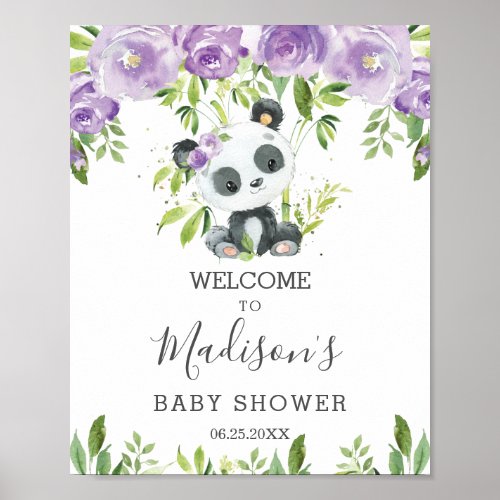 Cute Panda Purple Floral Greenery Bamboo Welcome   Poster
