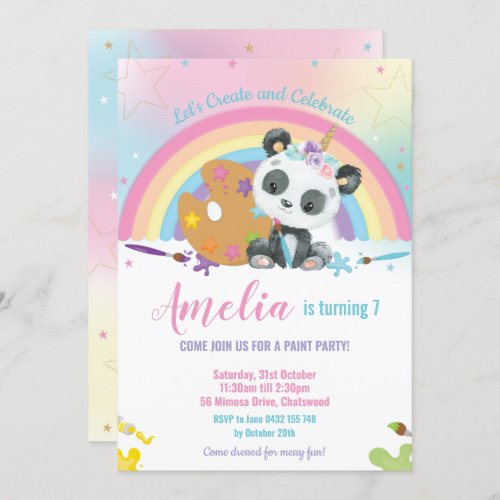 Cute Panda Rainbow Art Paint Birthday Party Girl Invitation