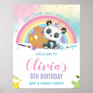 Cute Panda Rainbow Paint Art Birthday Welcome Poster