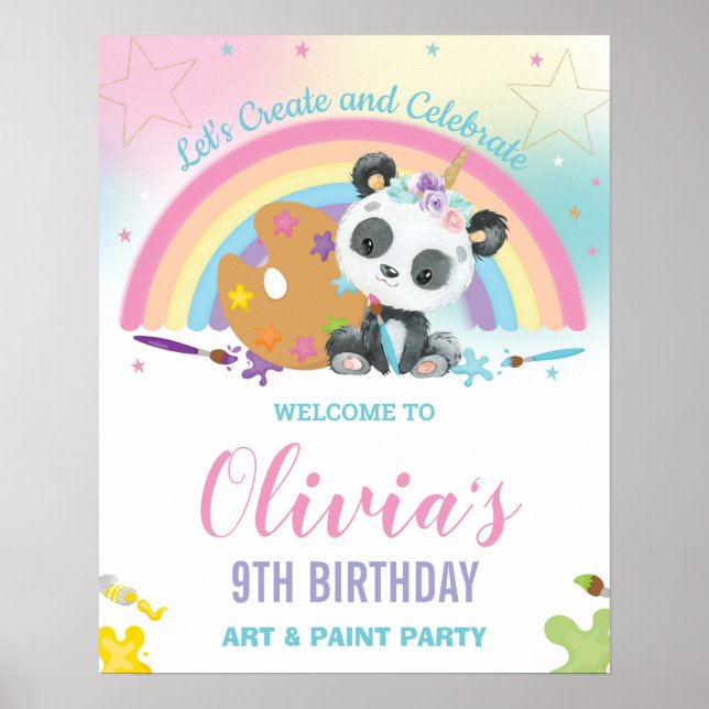  Cute Panda Rainbow Paint Art Birthday Welcome  Poster (Front)