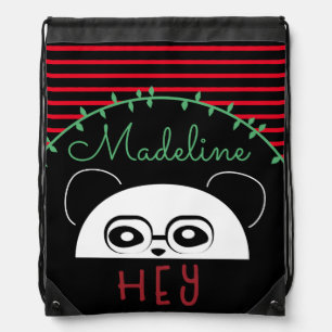 Cute Panda Red Monogrammed Script  Drawstring Bag