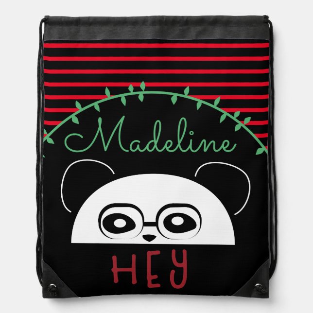 Cute Panda Red Monogrammed Script  Drawstring Bag (Front)