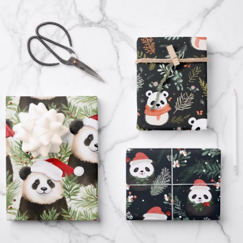 Cute Panda Rustic Winter holiday watercolors Wrapping Paper Sheets