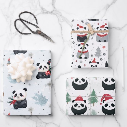Cute Panda Santa Winter holiday pattern Wrapping Paper Sheets
