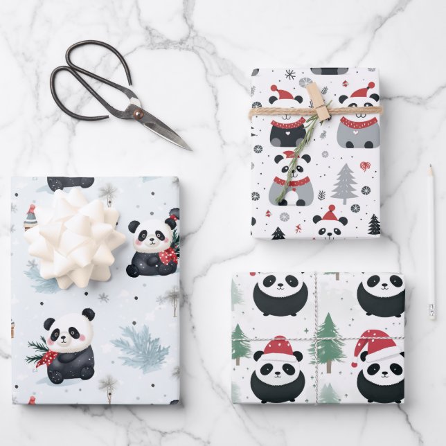 Cute Panda Santa Winter holiday pattern Wrapping Paper Sheets (Front)