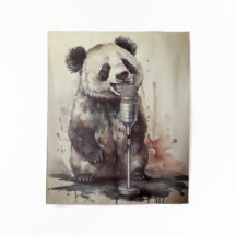 Cute panda singing through retro microphone