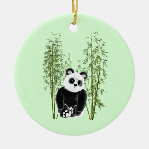 Cute Panda Sitting in Bamboo Ceramic Ornament