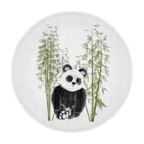 Cute Panda Sitting in Bamboo Cutting Board