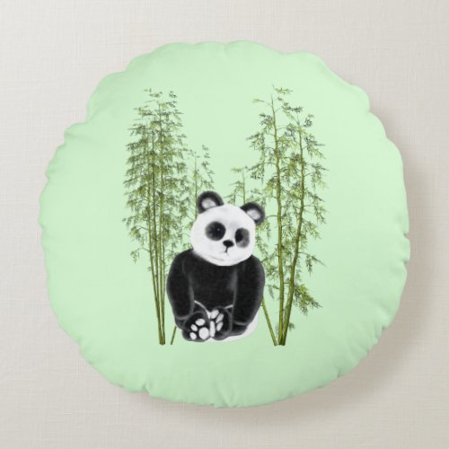 Cute Panda Sitting in Bamboo Round Pillow