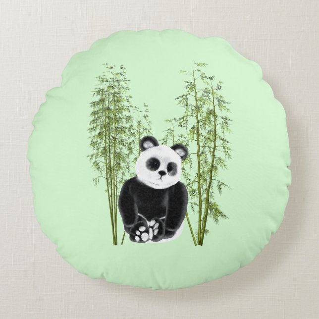 Cute Panda Sitting in Bamboo Round Pillow (Front)