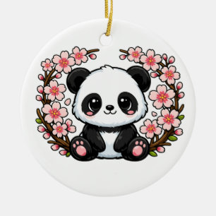 Cute Panda Sitting in Cherry Blossoms Ceramic Ornament
