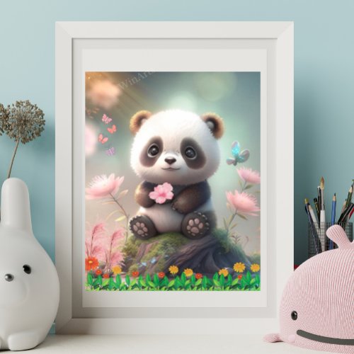Cute Panda Sitting in Pink Floral Garden Art Poster