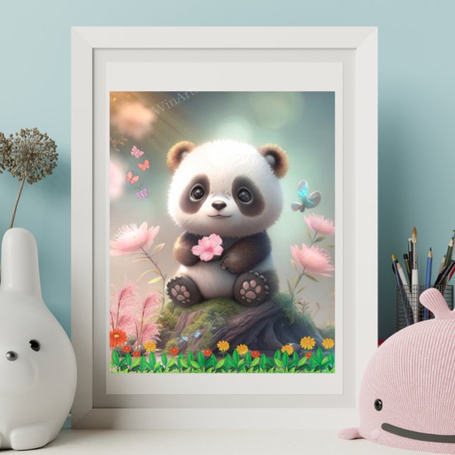 Cute Panda Sitting in Pink Floral Garden Art Poster (Creator Uploaded)