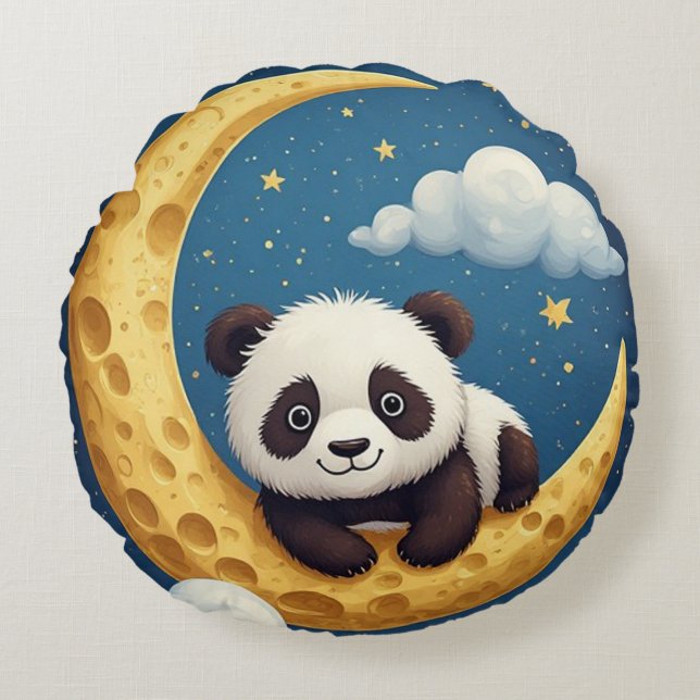 Cute Panda Sitting on a Golden Crescent Moon Round Pillow (Front)