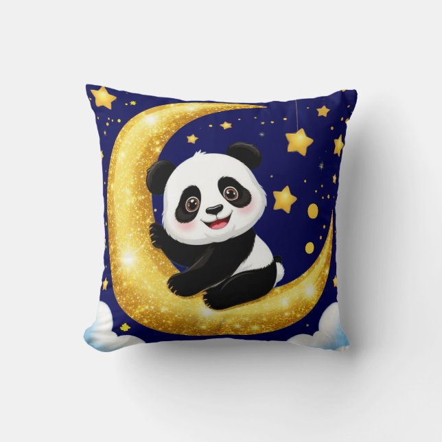 Cute Panda Sitting on a Golden Crescent Moon Throw Pillow (Front)