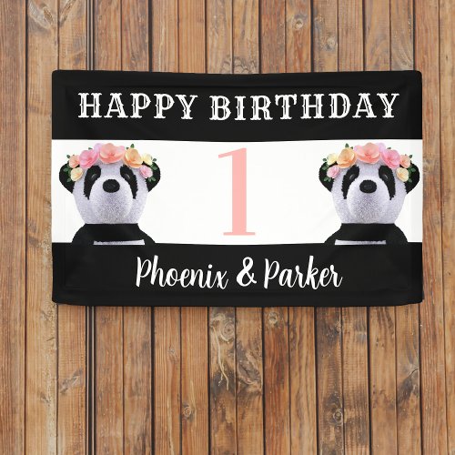 Cute Panda Twin Girls Boys Birthday Party Banner