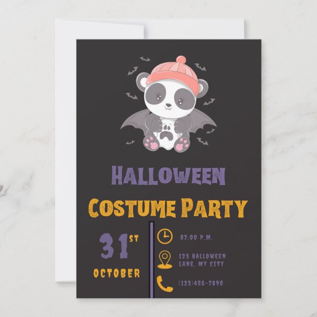 Cute Panda Vampire Ghost Bats Black Halloween Invitation (Front)
