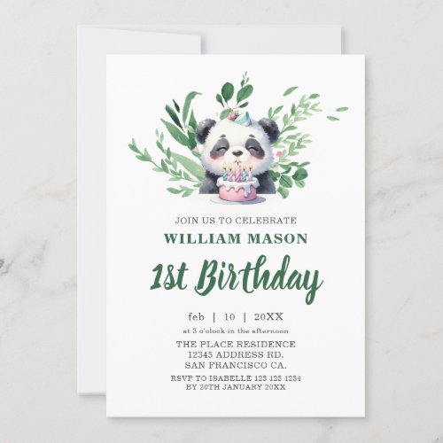 Cute Panda Watercolor Greenery 1st Birthday Invitation