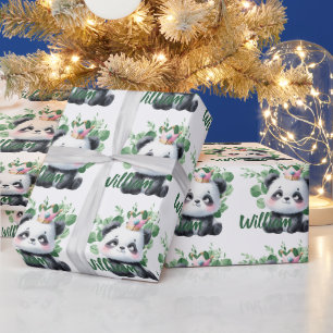 Cute Panda Watercolor Greenery Pattern Birthday Wrapping Paper
