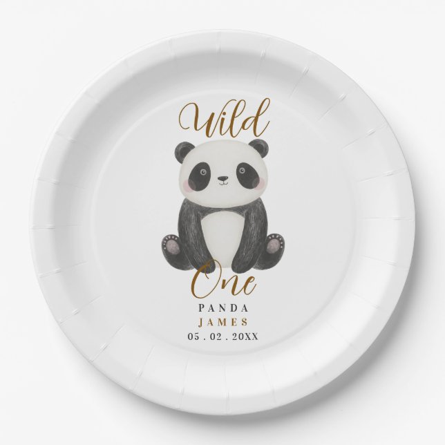 cute panda wild first one birthday  paper plates (Front)
