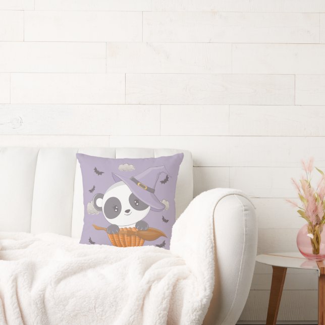 Cute Panda Witch and Bats Purple Halloween Throw Pillow (Couch)