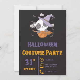 Cute Panda Witch Clouds Bats Black Halloween Invitation