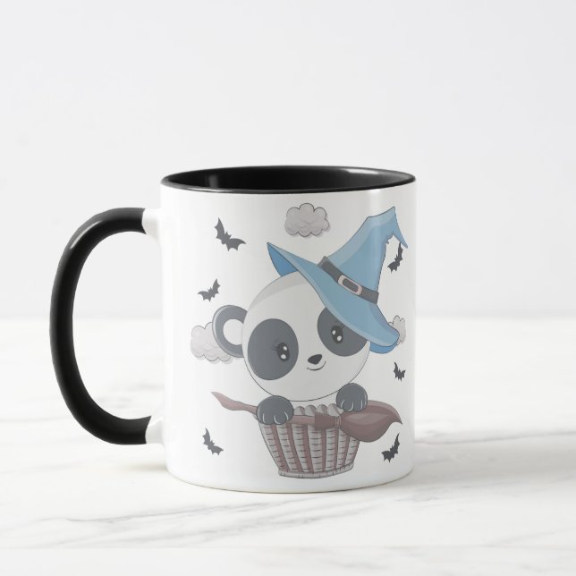 Cute Panda Witch Surrounded by Bats Halloween Mug (Left)