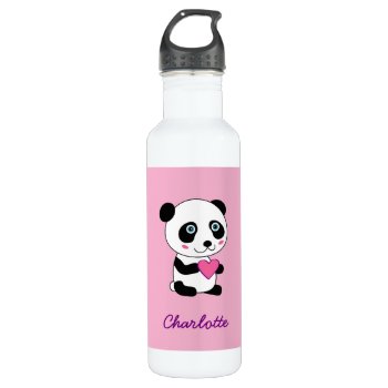 Cute Panda With A Pink Heart Customizable Stainless Steel Water Bottle by DesignByLang at Zazzle