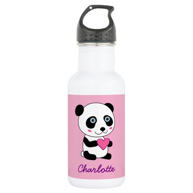 Cute Panda with a Pink Heart Customizable Water Bottle (Front)