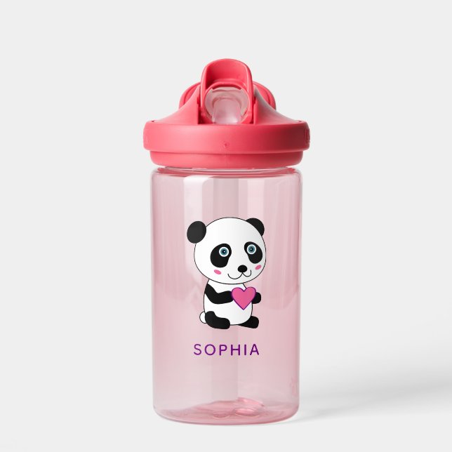 Cute Panda with a Pink Heart Customizable Water Bottle (Front)